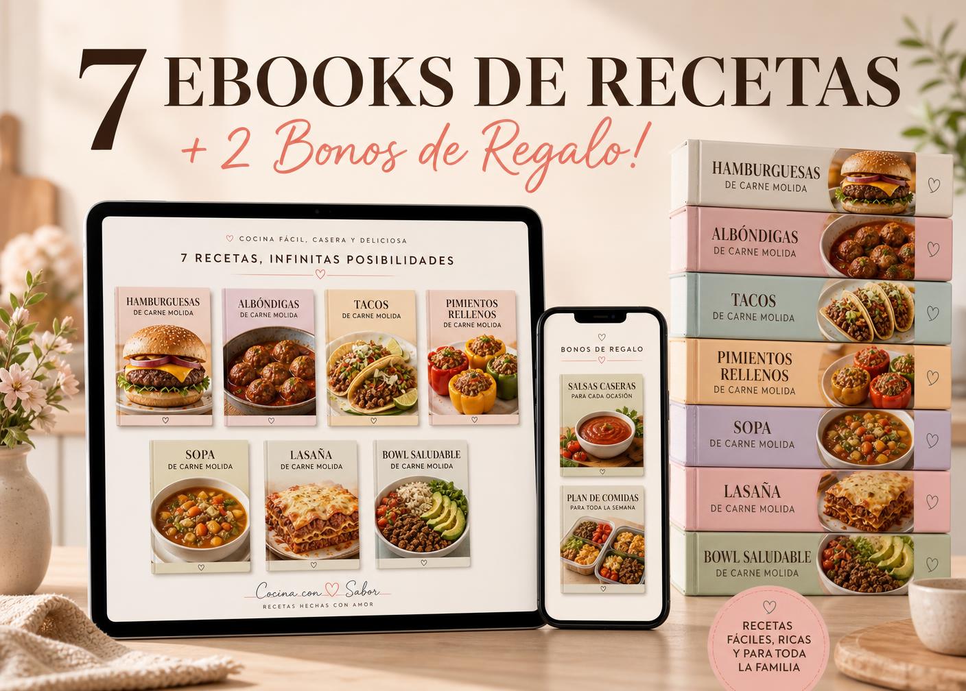 Los 7 ebooks de recetas y los 2 bonos mostrados en tablet y celular