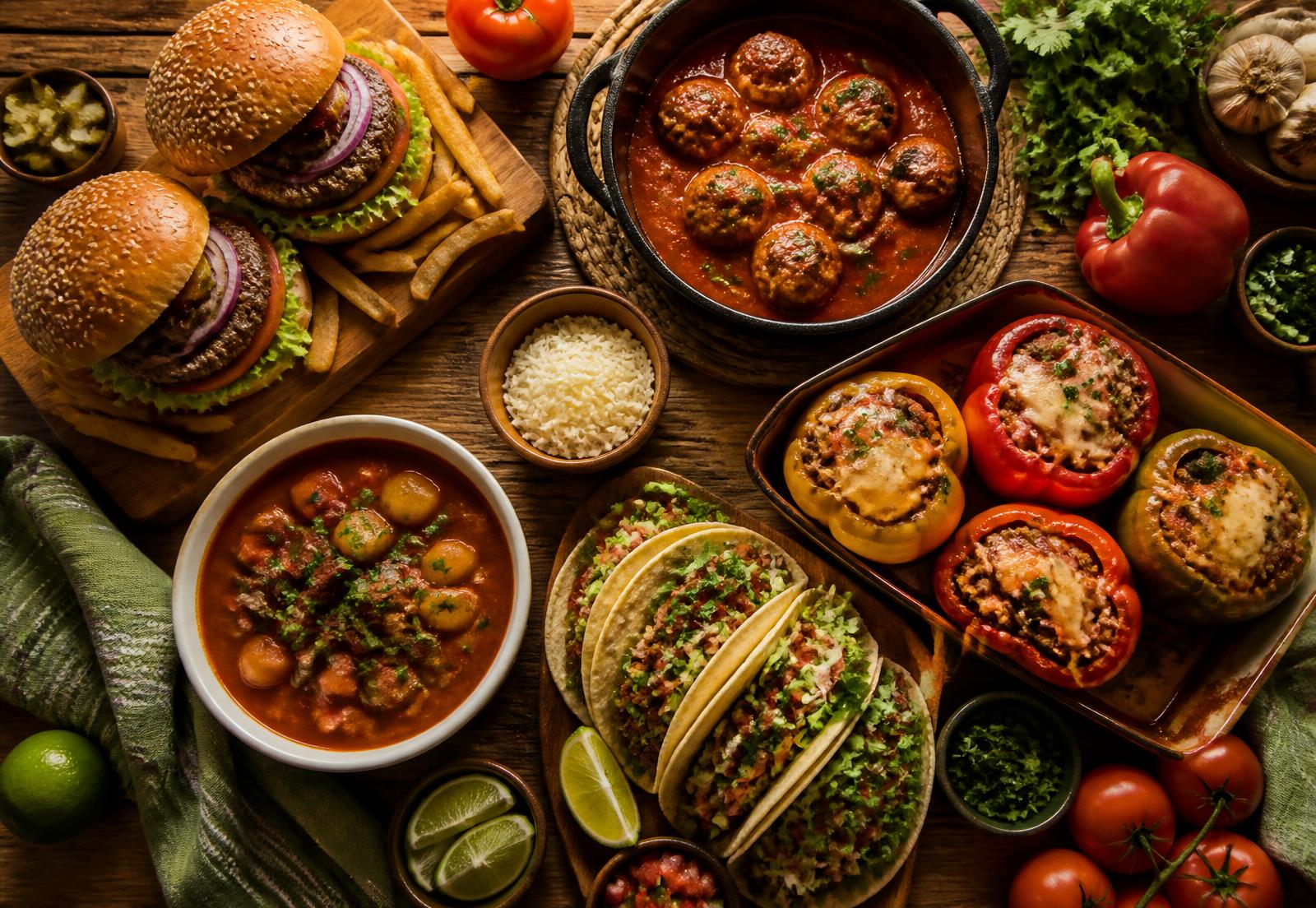 Mesa servida con hamburguesas, albóndigas, tacos, guiso y pimientos rellenos de carne molida