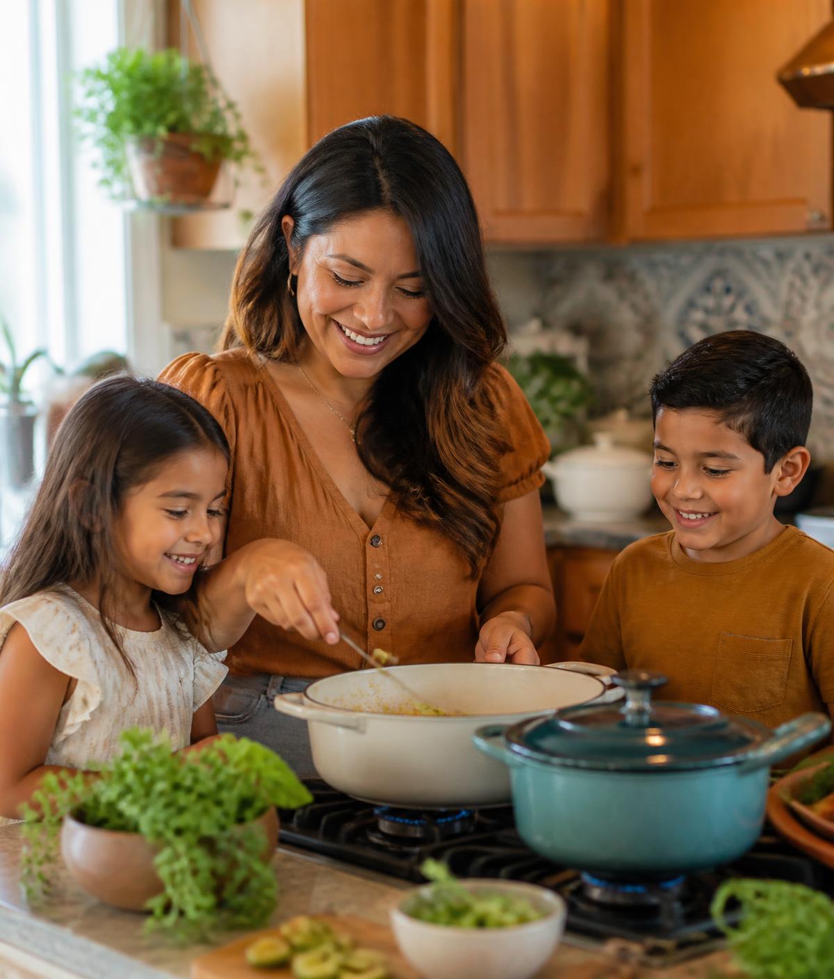 Mamá cocinando en casa junto a sus dos hijos, sonriendo